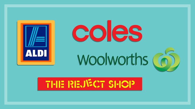coles woolies aldi the reject shop logos on teal